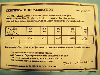 DYNEX TECHNOLOGIES, INC. MODELL: C-1. KALIBRIERUNGSTESTPLATTE.