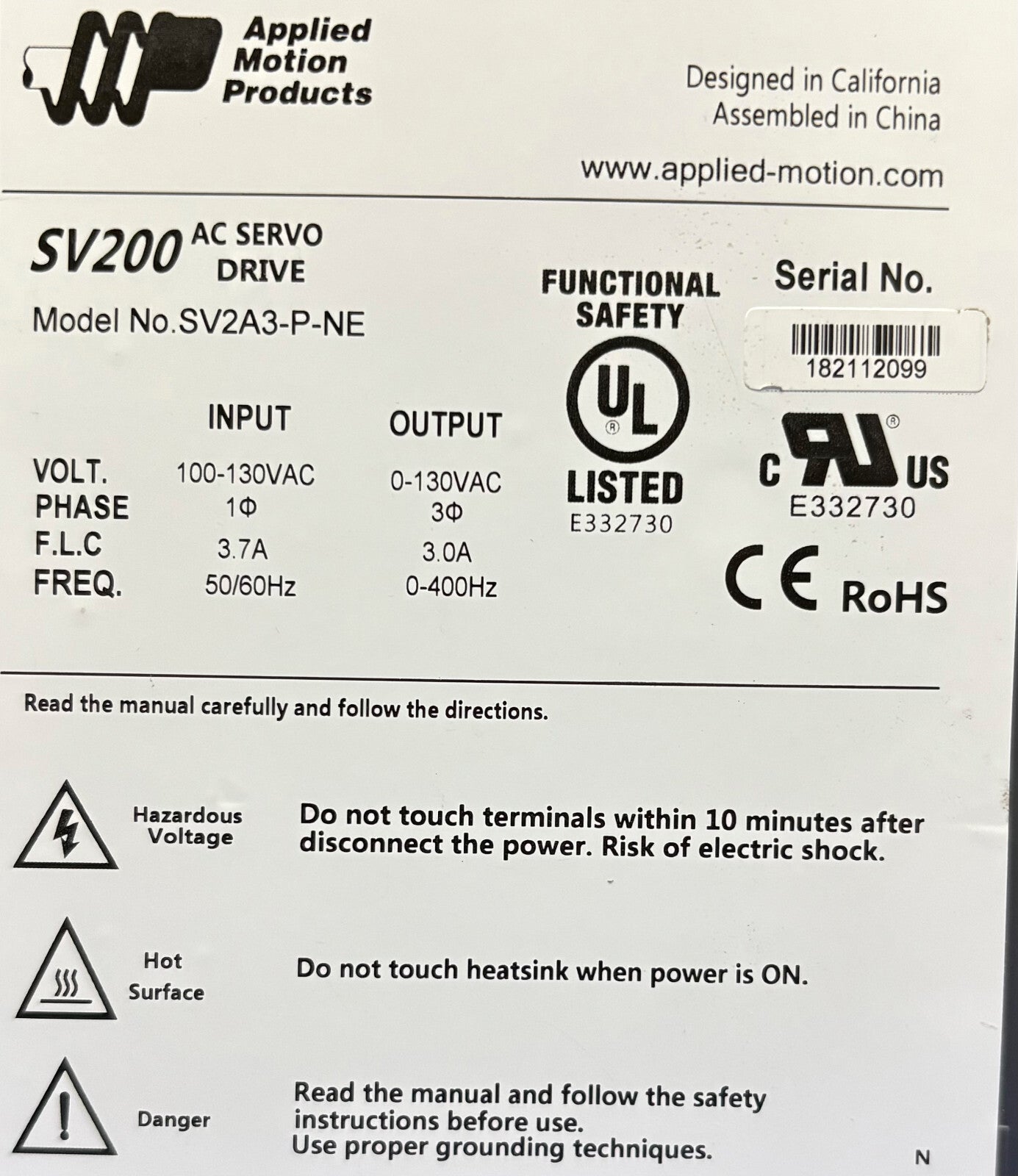 APPLIED MOTION PRODUCTS SV200 SV2A3-P-NE AC SERVO DRIVE 100-130 VAC