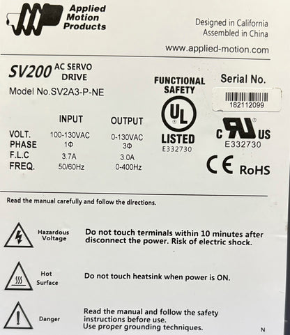 APPLIED MOTION PRODUCTS SV200 SV2A3-P-NE AC SERVO DRIVE 100-130 VAC