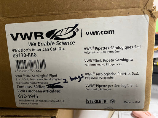 VWR 89130-886 PIPETA SEROLÓGICA DE 5 mL - 1 CAJA/CANTIDAD 2 BOLSAS/50 PIPETAS CADA UNA