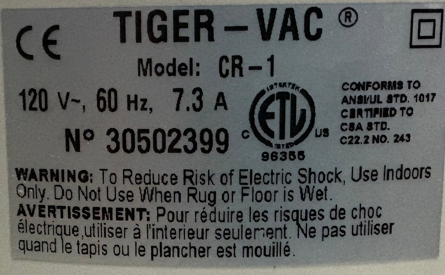 TIGER-VAC ®  CR-1 CLEANROOM VACUUM CLEANER ULPA FILTER 99.999% ON 0.12 MICRON