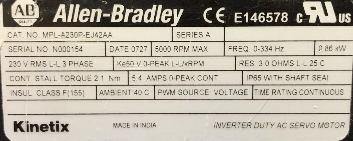 Servomoteur Allen Bradley MPL-A230P-Ej42AA SerA avec tête de transmission APEX AB/FR042-S1-S1