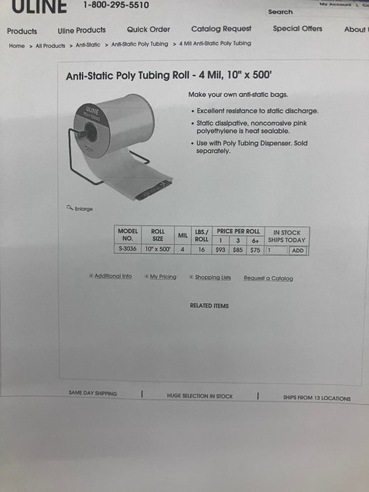Uline S-3036 Anti-Static Poly Tubing Roll - 4 Mil, 10'' x 500' ITEM IS NEW