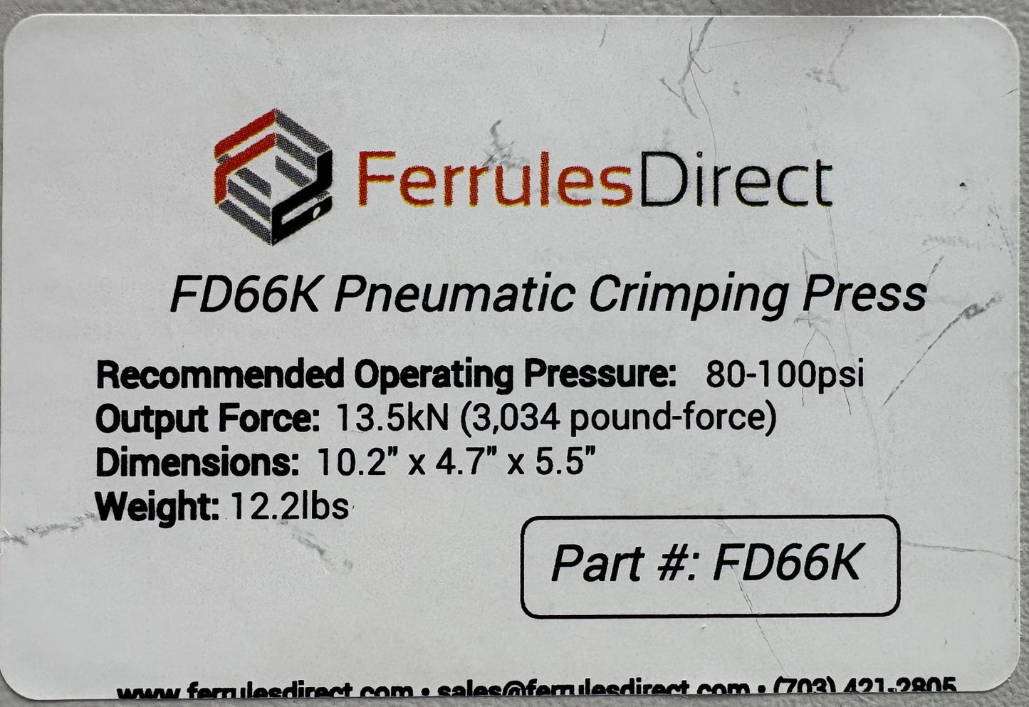 FERRULES DIRECT FD66K PNEUMATIC CRIMPING PRESS w/SMC FOOT PEDAL VM2