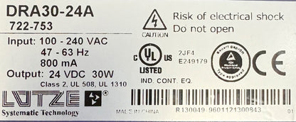 LUTZE / Luetze POWER SUPPLY DRA30-24A / 722-753 24VDC 30W - 1 LOT QTY OF 2