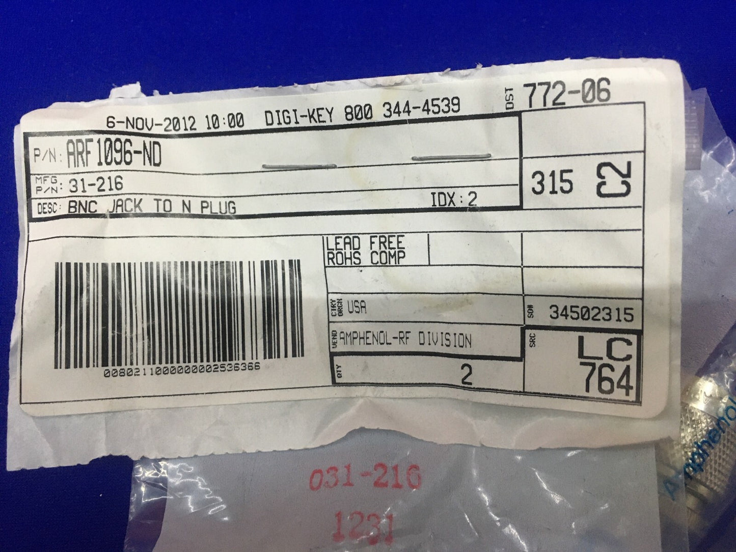 Menge 2 – Digi-Key ARF-1096-ND/31–216, BNC-Buchse auf N-Stecker