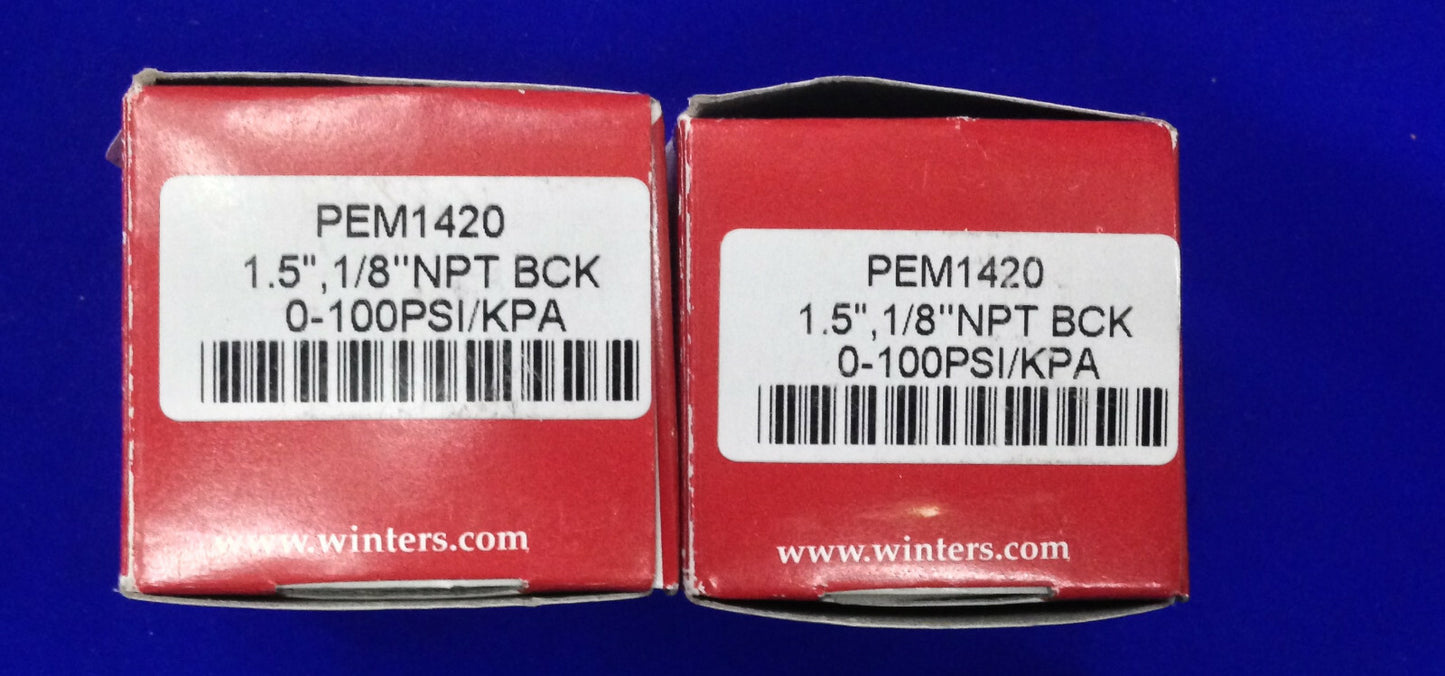 QTY 2 - WINTERS PEM1420 CALIBRO 1,5" QUADRANTE 1/8" NPT POSTERIORE 0-100 PSI/KPA