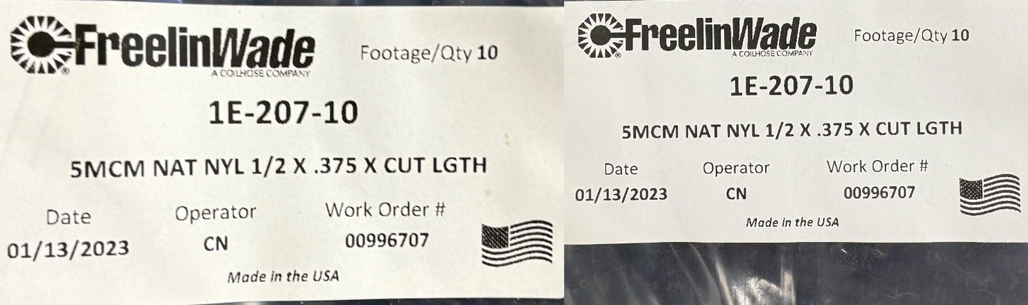 FREELINWADE TUBING NYLON 1/2" X .375" NATURAL 1E-207-10 - 4 PKGS / 10' EA