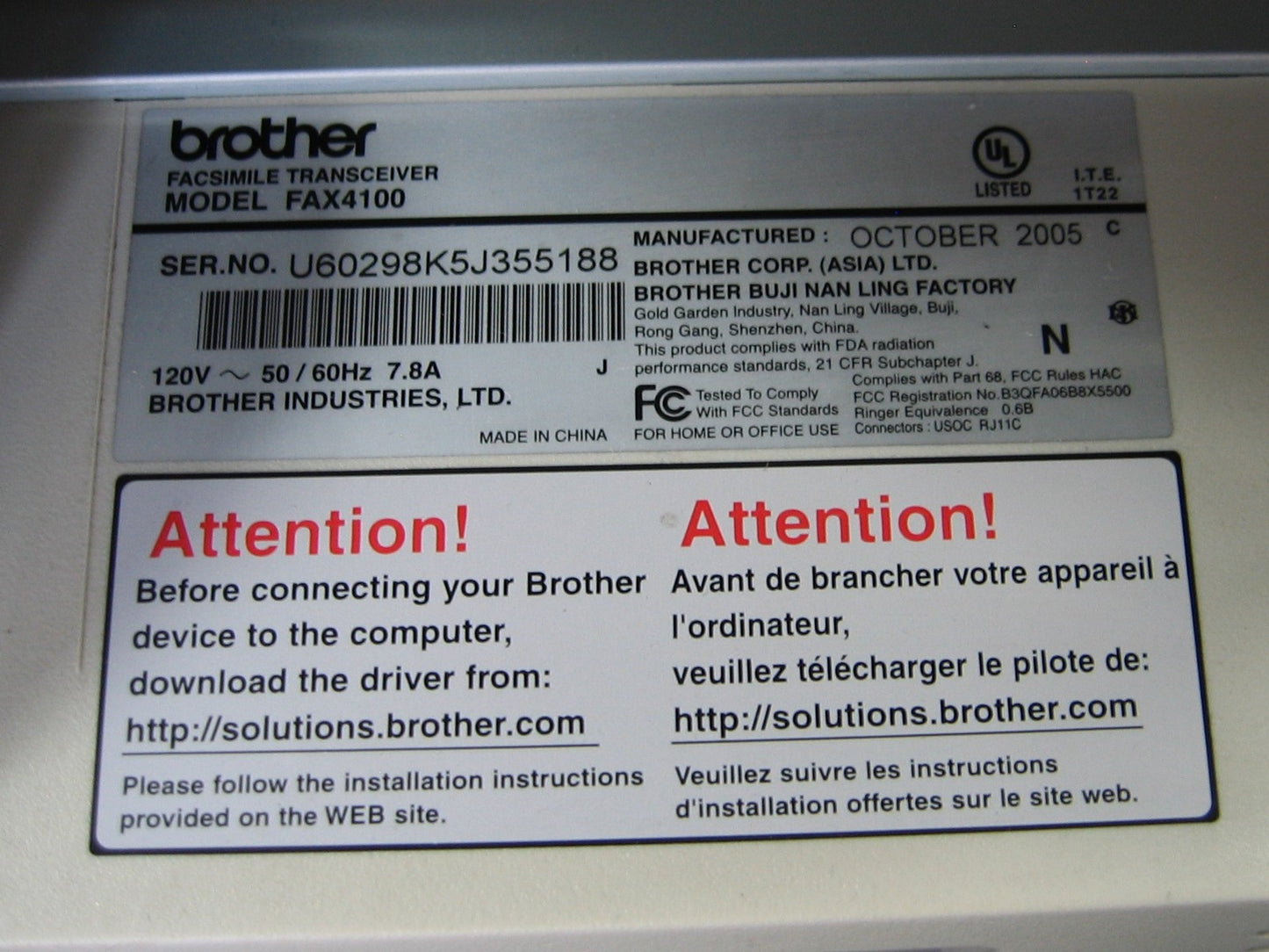 BROTHER INDUSTRIES, LTD. ÉMETTEUR-RÉCEPTEUR DE TÉLÉCOPIE FAX4100 FAX 4100