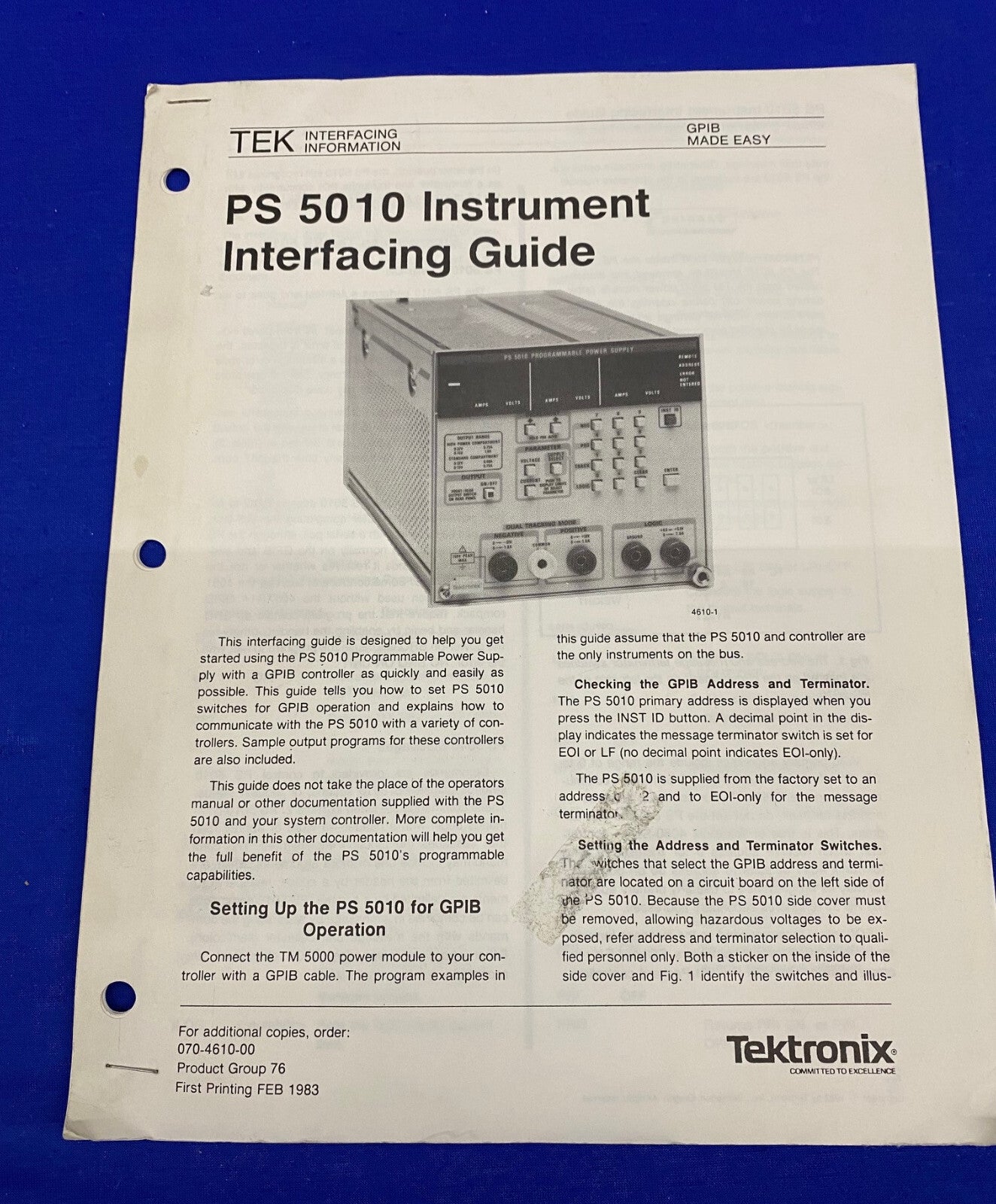 TEKTRONIX ® PS 5010 / 070-4610-00 GROUPE DE PRODUITS 76, 1983, GUIDE D'INTERFACAGE