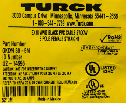 Lotto di 2 Turck GKDM 30-5M 3X10 AWG Cavo PVC nero ST00W 3 poli femmina dritto