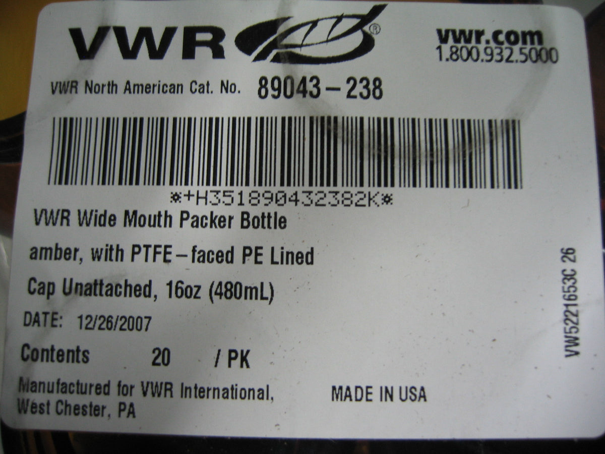 VWR 89043-238 WIDE MOUTH AMBER PACKER BOTTLES 16 OZ OUNCES AMBER (NO LIDS)