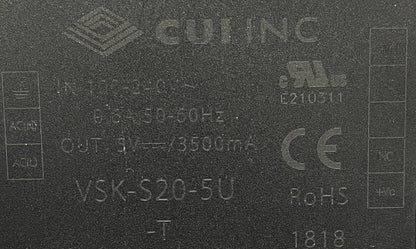 MÓDULO DE POTENCIA CONVERTIDOR CA/CC CUI VSK-S20-5U-T - ENTRADA 100-240 V - SALIDA 5 V/3500 mA