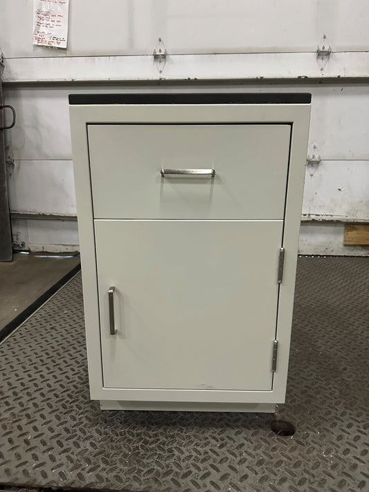 TAN COLORED STEEL CABINET BLACK CHEM TOP SURFACE PULL OUT DRAWER AND SWING DOOR