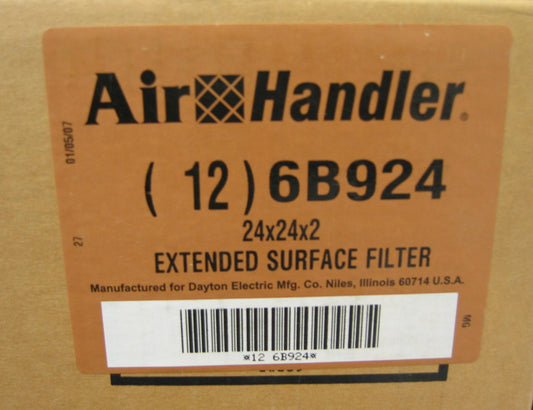 Unité de traitement d'air 6B924, filtre plissé haute capacité 24 x 24 x 2, vendu par lot de 12, neuf