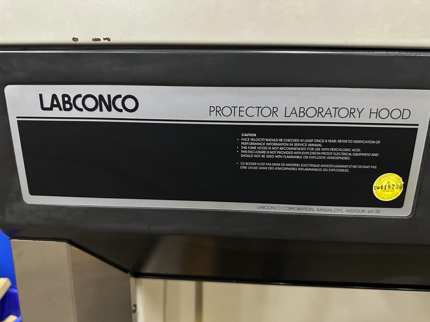 LABCONCO PROTECTOR LABORATORY HOOD NO BASE OR WORKSURFACE 70" W X 32 1/4" W
